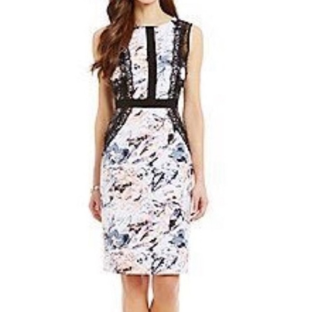 ANTONIO MELANI HOTARU DRESS SHEATH EMBROIDERED LACE FLORAL BLACK / SUNSET
